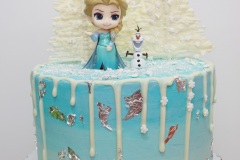 Frozen - Chocolate Cake, Filled with Homemade Strawberry Sauce. Topped with White Chocolate Trees and Drips