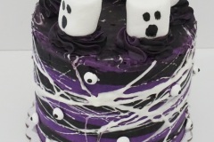 Black Seasame Cake with Matcha Swiss Meringue Buttercream. Ghost Marshmallows and Marshmallow webs