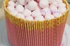 Dairy Free Chocolate Cake with Coconut Buttercream. Wrapped in Pocky Sticks and topped with Strawberry Marshmallows.