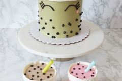 Bubble Tea Drink Squad - Chocolate Cake with Strawberry Swiss Meringue Buttercream filling. Covered in Matcha Swiss Meringue Buttercream