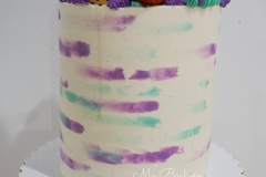 Vanilla Layer Cakes with Fresh Strawberries and Golden Kiwis between each layers. Covered with Vanilla Swiss Meringue Buttercream. Decorated with fresh fruits and homemade White Chocolate Barks.