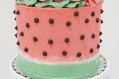 Watermelon Cake with Chocolate Chips, filled with Watermelon Swiss Meringue Buttercream. Decorated to look like a watermelon!