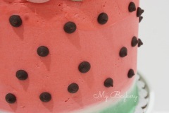 Watermelon Cake with Chocolate Chips, filled with Watermelon Swiss Meringue Buttercream. Decorated to look like a watermelon!