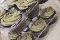 Chocolate Cupcake filled with Strawberry Swiss Meringue Buttercream. Topped with Matcha Swiss Meringue Buttercream